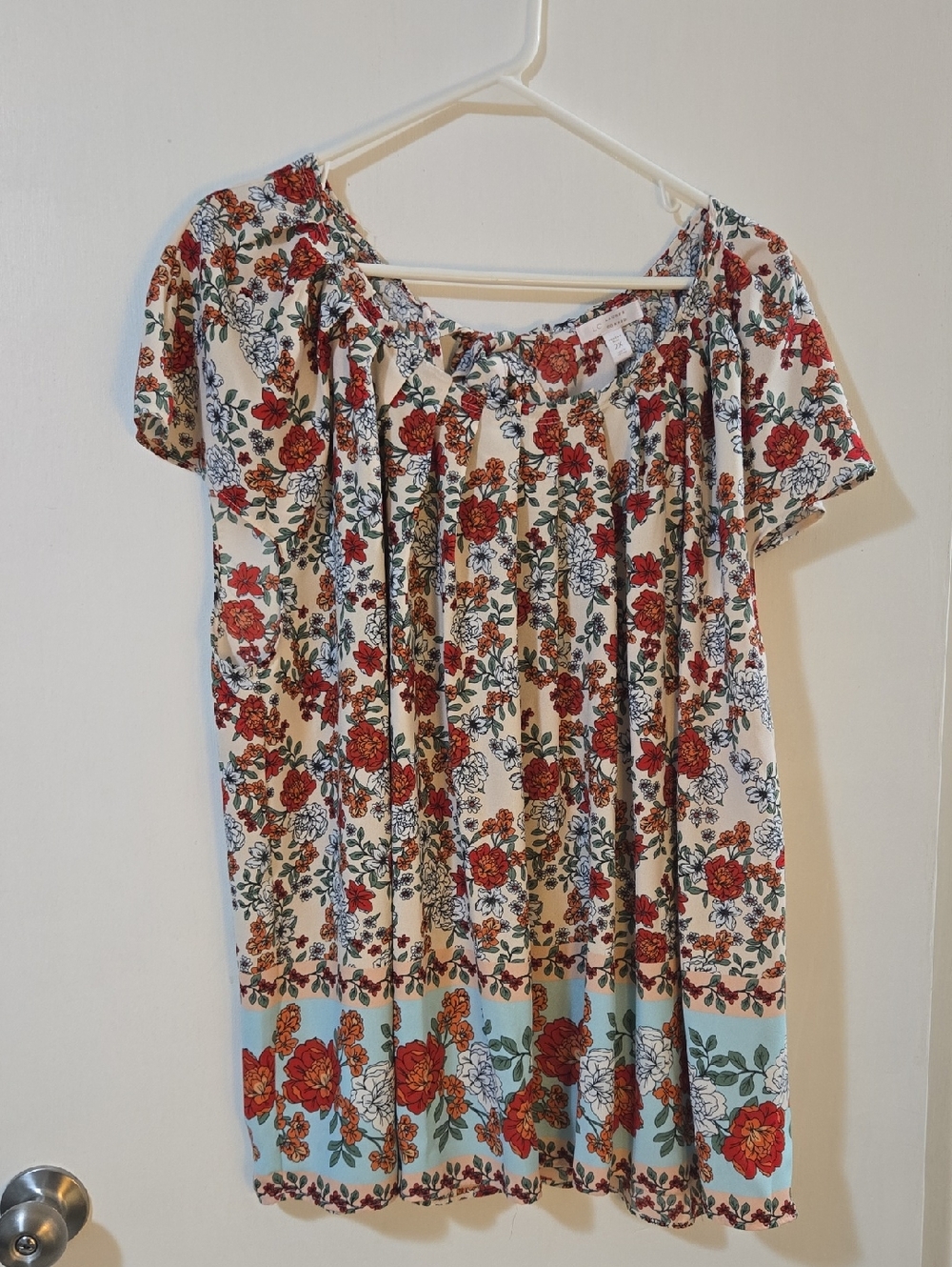 LC Lauren Conrad Cream Floral Blouse with Red and Blue Accents